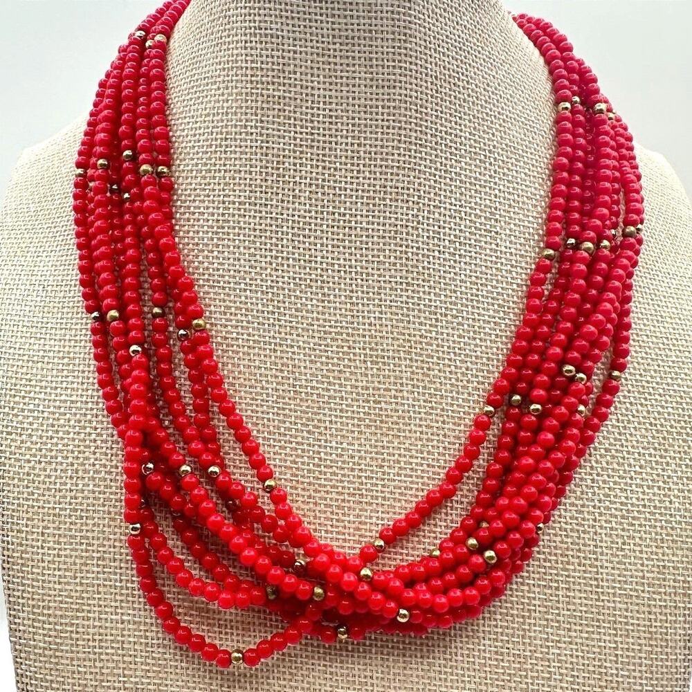 Vintage Red Layered Beaded Necklace Gold Tone Seed Bead Statement Bib Jewelry